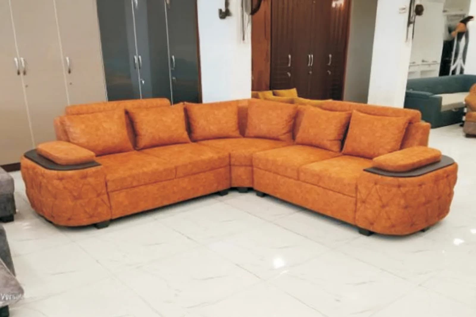 Original product photograph of a sofa before visual refinement